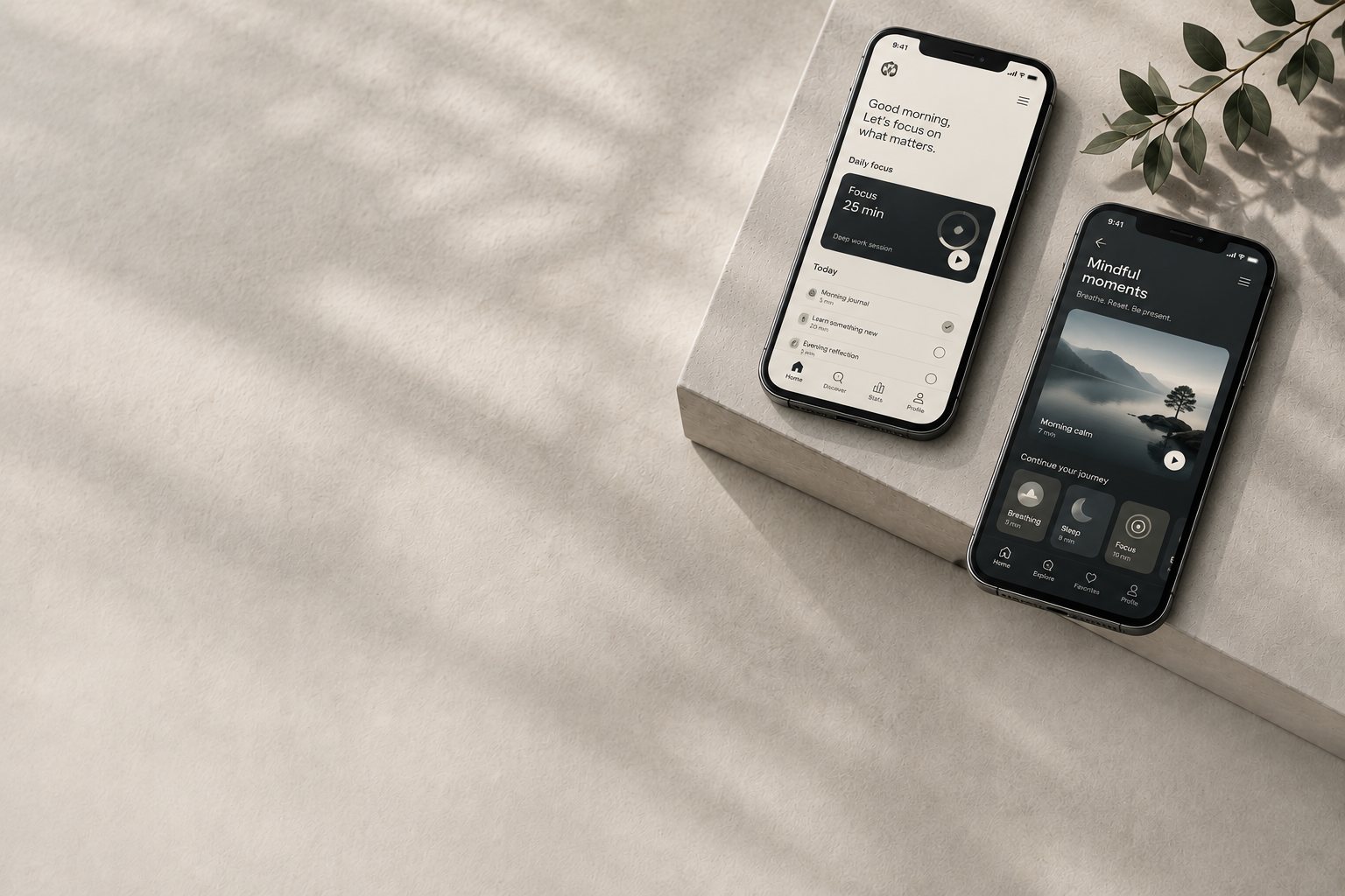 Buffalo Studio apps shown on phones resting on a stone surface
